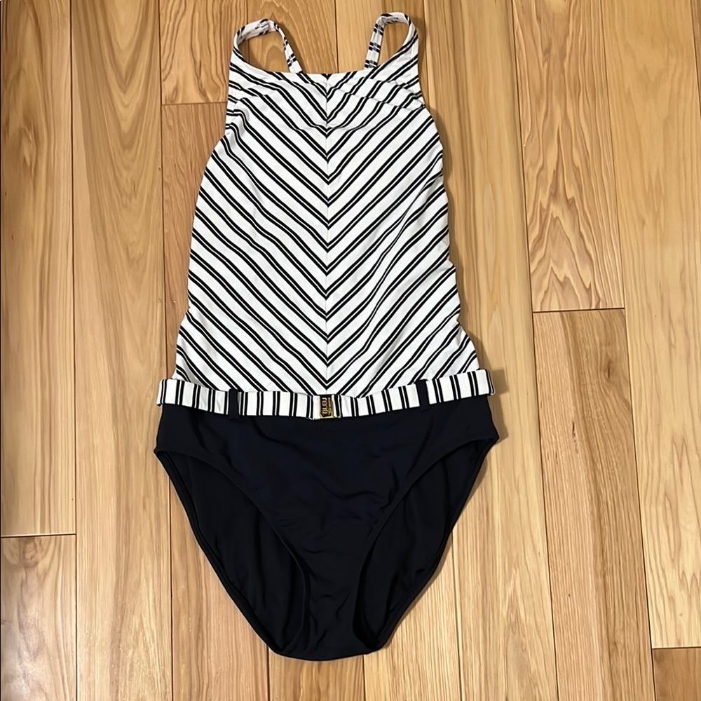 Blue Rod Beattie Striped Black and White women’s one piece Swimsuit size 10